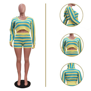 Nouvelle mode décontractée, tenues en tricot pour femmes, ensemble short deux pièces, rayé, manches longues, capuche, short, ensemble deux pièces pour femmes - Product Image 6