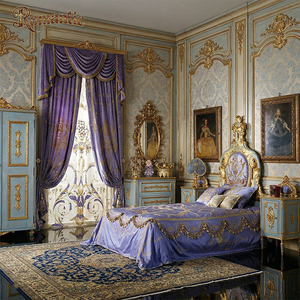 Mobili per Camera da Letto di Lusso in Stile Francese, Letto in Legno Intagliato Blu e Oro con Testiera Ricamata per Villa Reale o Palazzo - Product Image 1