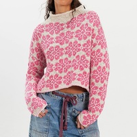 Pull en maille jacquard rose à motif floral pour femme, col montant, manches longues, coupe courte, ample, style rétro, motif floral, pull doux et décontracté