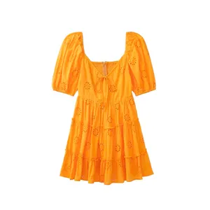 Tendances de la mode coton vêtements femmes été Orange solide décontracté Smock robe femmes décontracté à manches courtes été bio coton robe