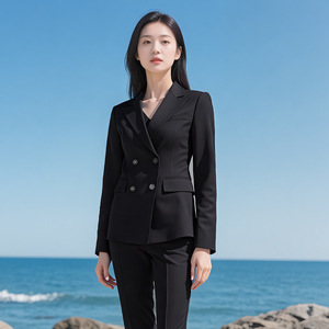 Women's Double Breasted Suit Jacket Black <b>Wool</b> Blend Anti Wrinkle Business Formal Wear For Office Commute - Product Image 3