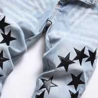 Jean slim bleu pour homme, effet usé, avec patch en cuir personnalisé, en denim extensible, style urbain, logo OEM