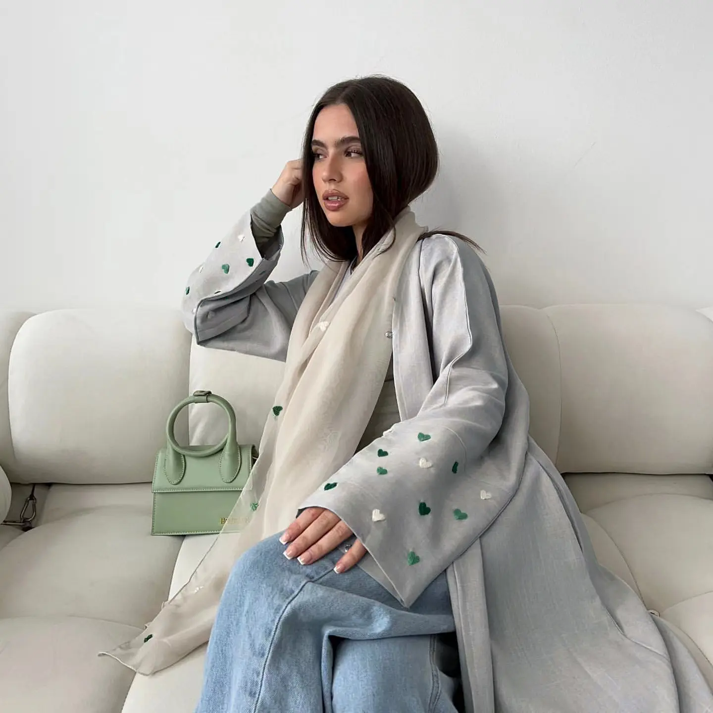 Nieuwe Mode Kleding Geborduurd Hart Dames Linnen Arabische Abaya Lange Mouw Borduurmouwen Moslims Trending
