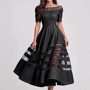 <span class=keywords><strong>Robe</strong></span> longue <span class=keywords><strong>en</strong></span> <span class=keywords><strong>jean</strong></span> pour femme, coupe trapèze évasée, à épaules dénudées, manches courtes bouffantes, patchwork rayé <span class=keywords><strong>en</strong></span> maille, élégante - Product Image 3