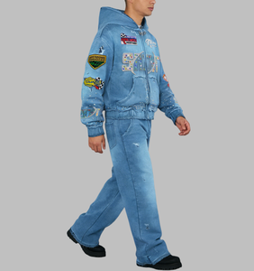 Sweat-shirt unisexe surdimensionné en molleton lourd avec impression DTG et patch brodé personnalisé, streetwear et pantalon en denim, ensemble de survêtement - Product Image 2