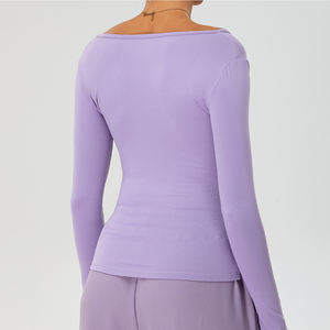 Top de fitness de manga larga ligero y transpirable para mujer, cuello en V convertible y hombros descubiertos, ajustado para exteriores - Product Image 2