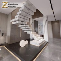 Escalier en marbre sur mesure avec garde-corps en verre pour villa duplex, loft, maison intégrée auto-construite sur mesure
