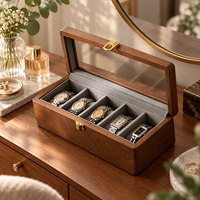 Boîte de rangement pour montres en bois massif à 5 emplacements avec intérieur en velours pour la chambre à coucher, la commode ou le comptoir