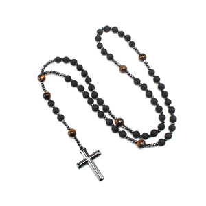 Cuentas de roca de lava volcánica Natural, collares de Rosario de Cristo católico, collar con colgante de Cruz de hematita para hombres - Product Image 6