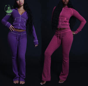 Waffel-Damenkleidung 2-Teiliges Set Trainingsanzüge Maßgefertigte Reißverschluss-Jogginghose und Hoodie-Set Herbst Winter Casual Outfits für Damen - Product Image 1