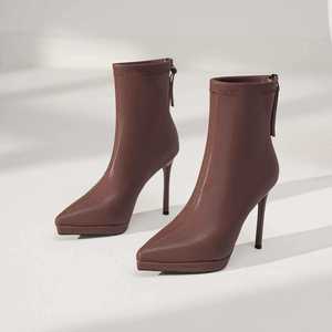 Ankle Boots Solid Pattern Pointed Toe Thin Heel 8cm up Pu Upper Plush Lining <b>Height</b> <b>Increasing</b> Fashion Women's <b>Shoes</b> - Product Image 3