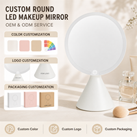 Miroir de table personnalisé avec logo OEM, miroir de maquillage rond minimaliste à LED avec base décorative