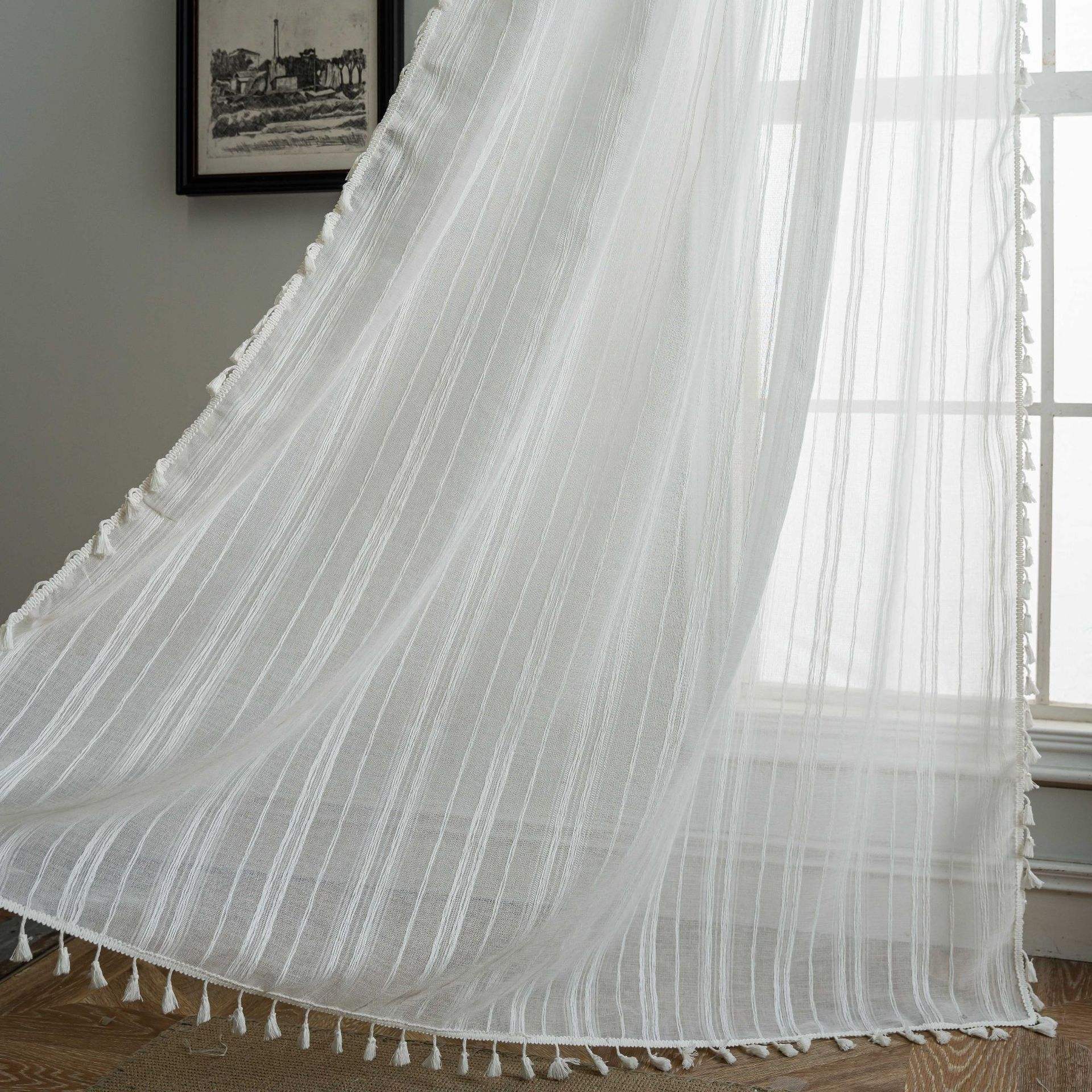 white striped linen curtain white tassels