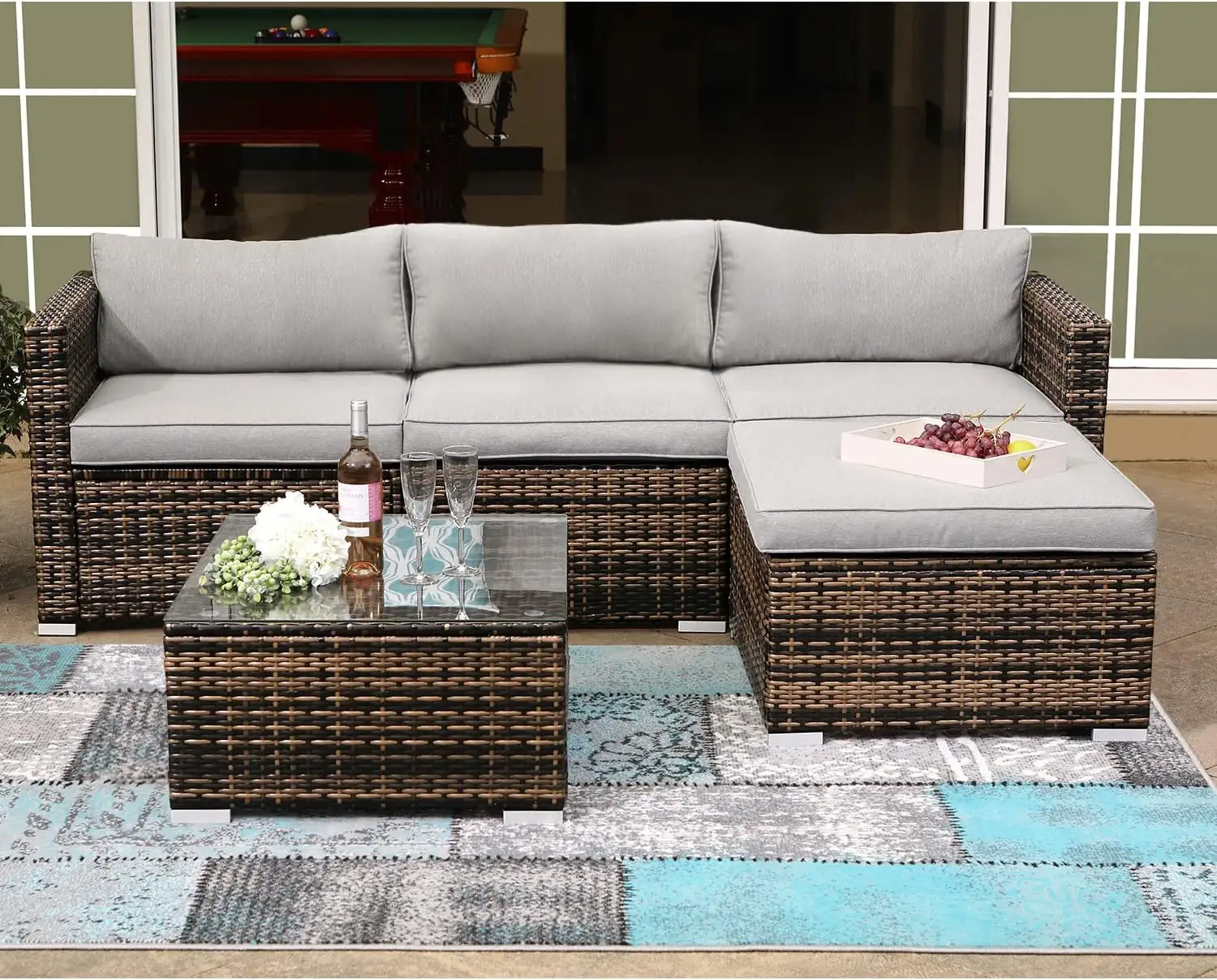 5-Piece Outdoor Furniture All-Weather Mottlewood Brown Wicker Sectional Sofa