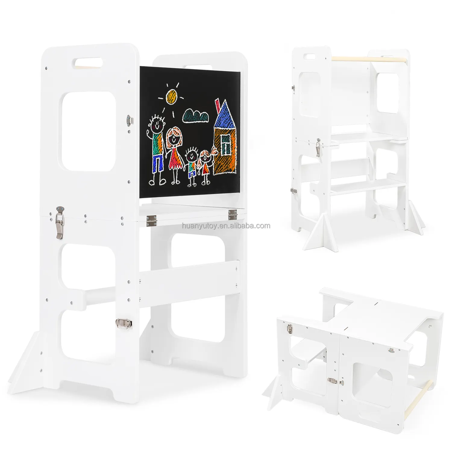 Hot Sale Customize 2 In 1 White Simple Step Stool Foldable Learning Wooden Tower With Chalkboard