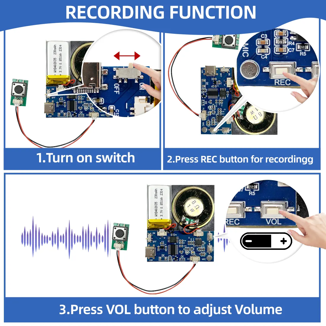 Push Button/light sensor activated sound module with speaker Recordable Sound Module for DIY sound product