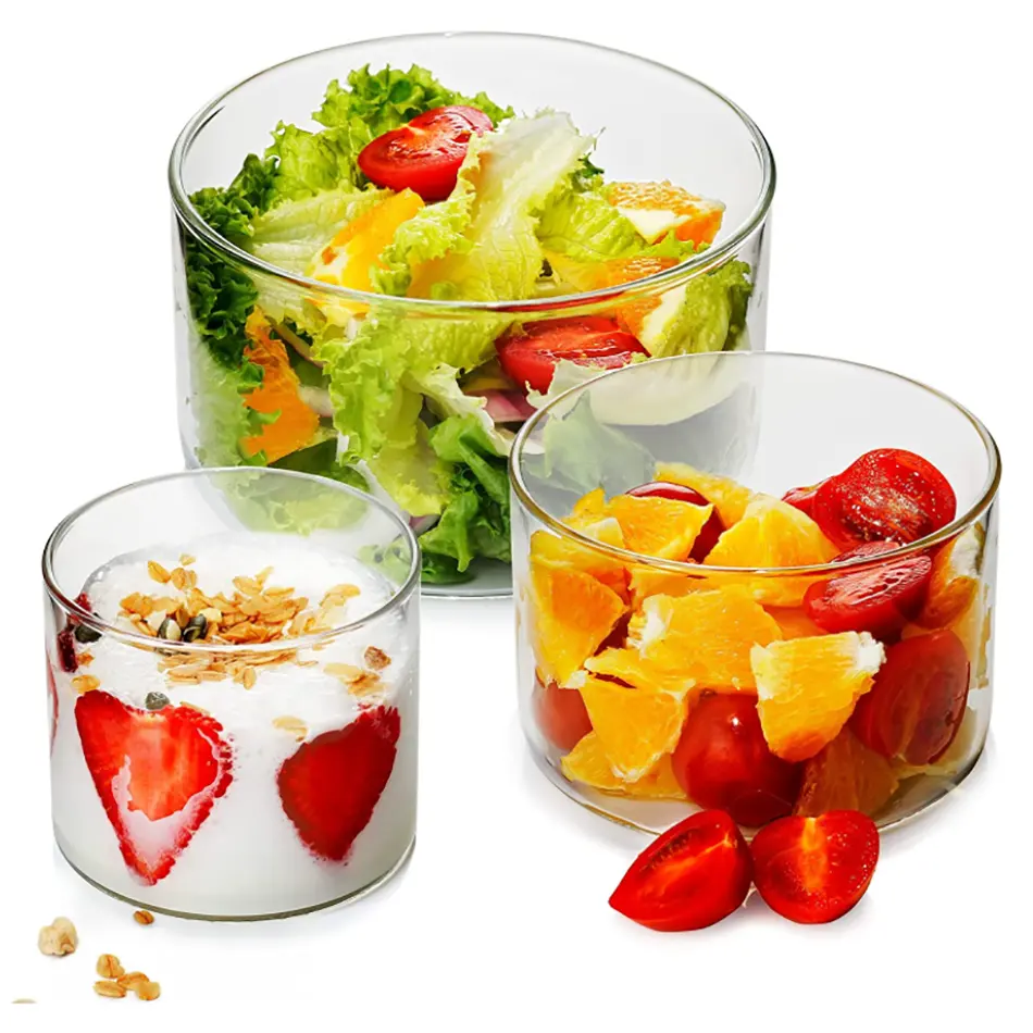 Fabrika toptan küçük şeffaf borosilikat meyve kasesi cam salata kasesi gıda için yuvarlak cam içecek süt yoğurt puding kasesi