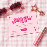 Carte de remerciement rose rétro personnalisée avec code promotionnel et icônes sociales pour les packs d'insertion de commandes de boutique en ligne