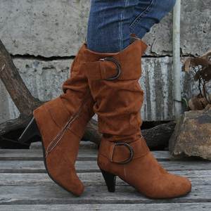 Bottes mi-mollet en daim style européen-américain pour femme, collection hiver 2026, à talon haut, avec boucle de ceinture, chaudes, polyvalentes et tendance - Product Image 4
