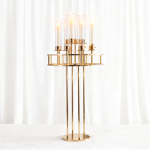 Candelabro de Lujo de 10 Brazos Dorado Moderno con Pantallas Acrílicas para Pasillo de Boda y Recepción - Product Image 1