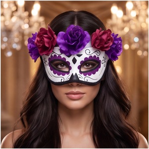 Masque gothique HLC rouge et violet avec roses, masques <span class=keywords><strong>de</strong></span> fête mexicains pour le carnaval du Dia <span class=keywords><strong>de</strong></span> Los Muertos, masque demi-visage tête <span class=keywords><strong>de</strong></span> mort en sucre pour le Jour des Morts - Product Image 1