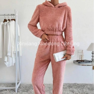 和女式连帽上衣羊绒长袖高腰秋冬两件套睡衣居家服套装 - Product Image 4