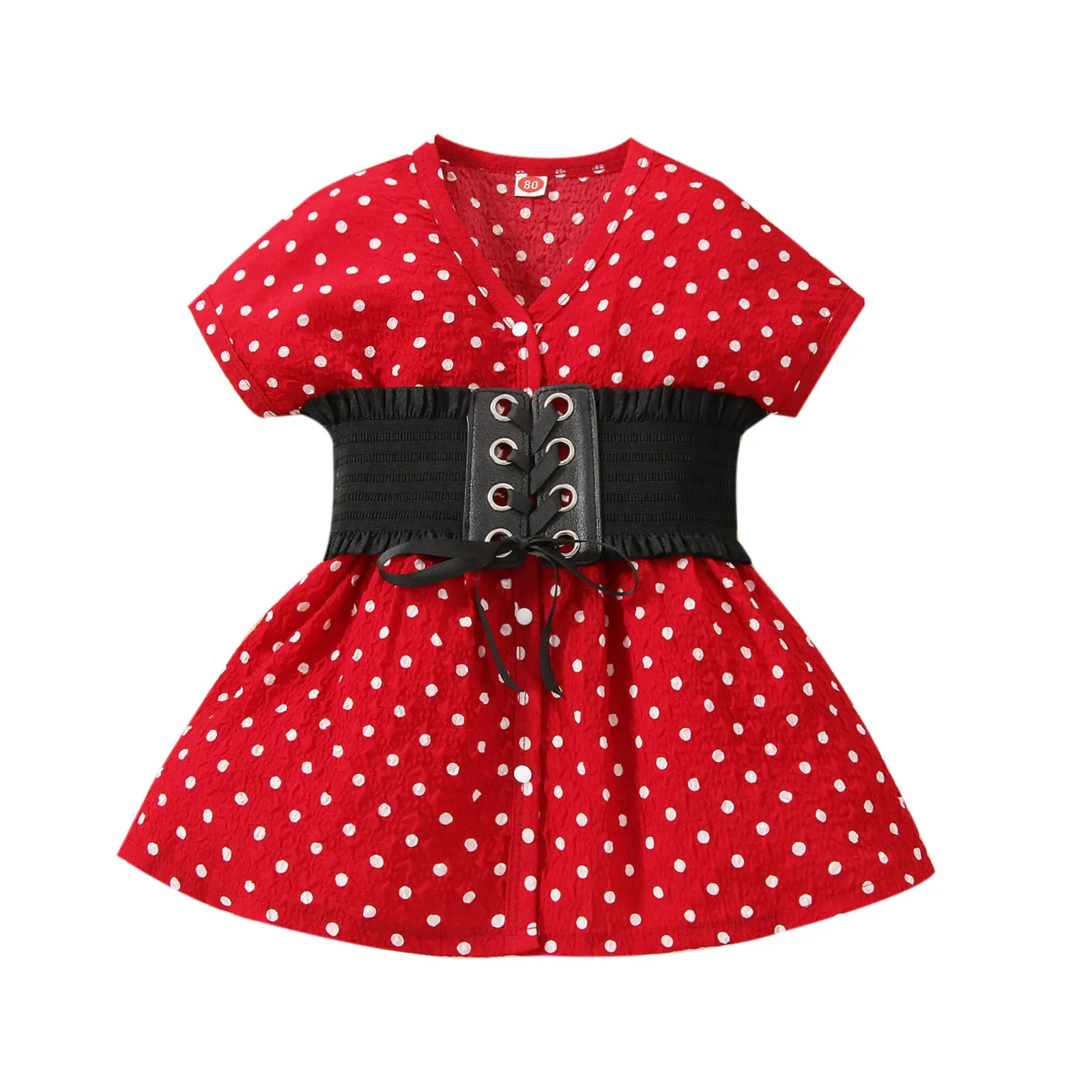 Girls Dress Summer Infant Solid Color Polka Dot Belt Dress Toddler Girl baby V-Neck Cardigan Princess Dress