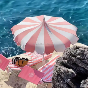 Parasol Pagode Hawaïen à Rayures Roses et Blanches avec Pompons et Franges en <span class=keywords><strong>Bois</strong></span> de Luxe pour la Plage - Product Image 1