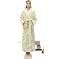 Jubah Mandi Dewasa Bermotif Bunga Hijau, Warna-warni, Hangat, Lembut, Nyaman, Bahan Flanel, Cocok untuk Musim Dingin, OEM, untuk Spa