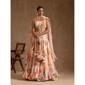 Peach <b>Floral</b> Organza Lehenga Set with Printed <b>Skirt</b> Blouse Dupatta Elegant Designer Indian Outfit Festive Wear Occasions Fest - Product Image 1