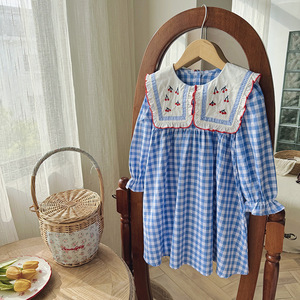 Vestido <span class=keywords><strong>Infantil</strong></span> de Otoño 2025, Estilo Coreano, con Bordado de Cerezas a Cuadros, Manga Abullonada, Manga Larga, Dulce - Product Image 3