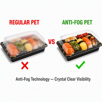 Plateau à sushi jetable en PET noir de différentes tailles, personnalisé en usine, avec couvercle anti-buée, conteneur à sushi japonais