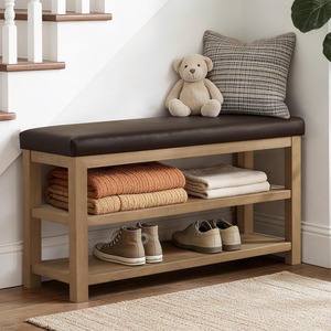 Banc en bois <span class=keywords><strong>avec</strong></span> coussin et tiroir dissimulé, meuble <span class=keywords><strong>d</strong></span>'<span class=keywords><strong>entrée</strong></span> à 2 niveaux <span class=keywords><strong>avec</strong></span> coussin, étagère à chaussures en bois massif de style mid-century, mobilier moderne pour la maison - Product Image 4