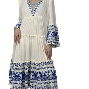 Women's Casual Woven <b>Rayon</b> <b>Dress</b> Long Sleeves Embroidered V-Neck Floral Pattern Western Style Plus Size 3XL Anti-Static Natural - Product Image 1