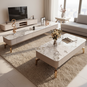 Italian-style Light-luxury Modern Minimalist Metal Stone-slab <b>TV</b> Cabinet Coffee Table Set for <b>Small</b> Apartment Living Room - Product Image 1