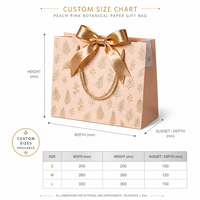 Sac cadeau en papier rose pêche avec logo personnalisé, imprimé botanique doré, poignée en corde métallique, nœud en satin, luxe, écologique, vente en gros
