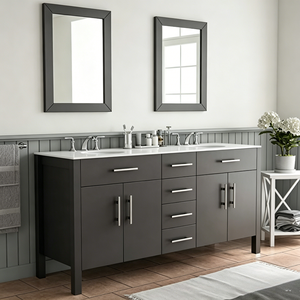 Mobile <span class=keywords><strong>Bagno</strong></span> Moderno con Top in Solid Surface, <span class=keywords><strong>Lavabo</strong></span> Sottopiano, Ferramenta Oro Spazzolato, Specchio Nero Industriale Bianco Shaker - Product Image 4