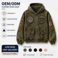 Sweat à capuche zippé intégral surdimensionné pour homme, vert olive, délavé, style workwear, avec patch appliqué, effet vieilli, en tissu épais, Source Factory