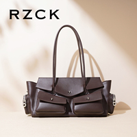 Tas Tote Kulit Asli Korea Berkualitas Tinggi RZCK dengan Estetika Hitam, Dilengkapi Kantong dan Resleting, Tas Selempang Mewah dan Langka untuk Wanita