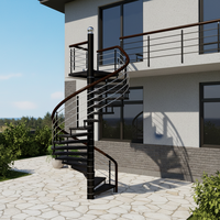 Escalier en spirale en acier au carbone de luxe pour extérieur, avec garde-corps en câble d'acier brossé et marches massives à motifs, idéal pour les patios de villas haut de gamme