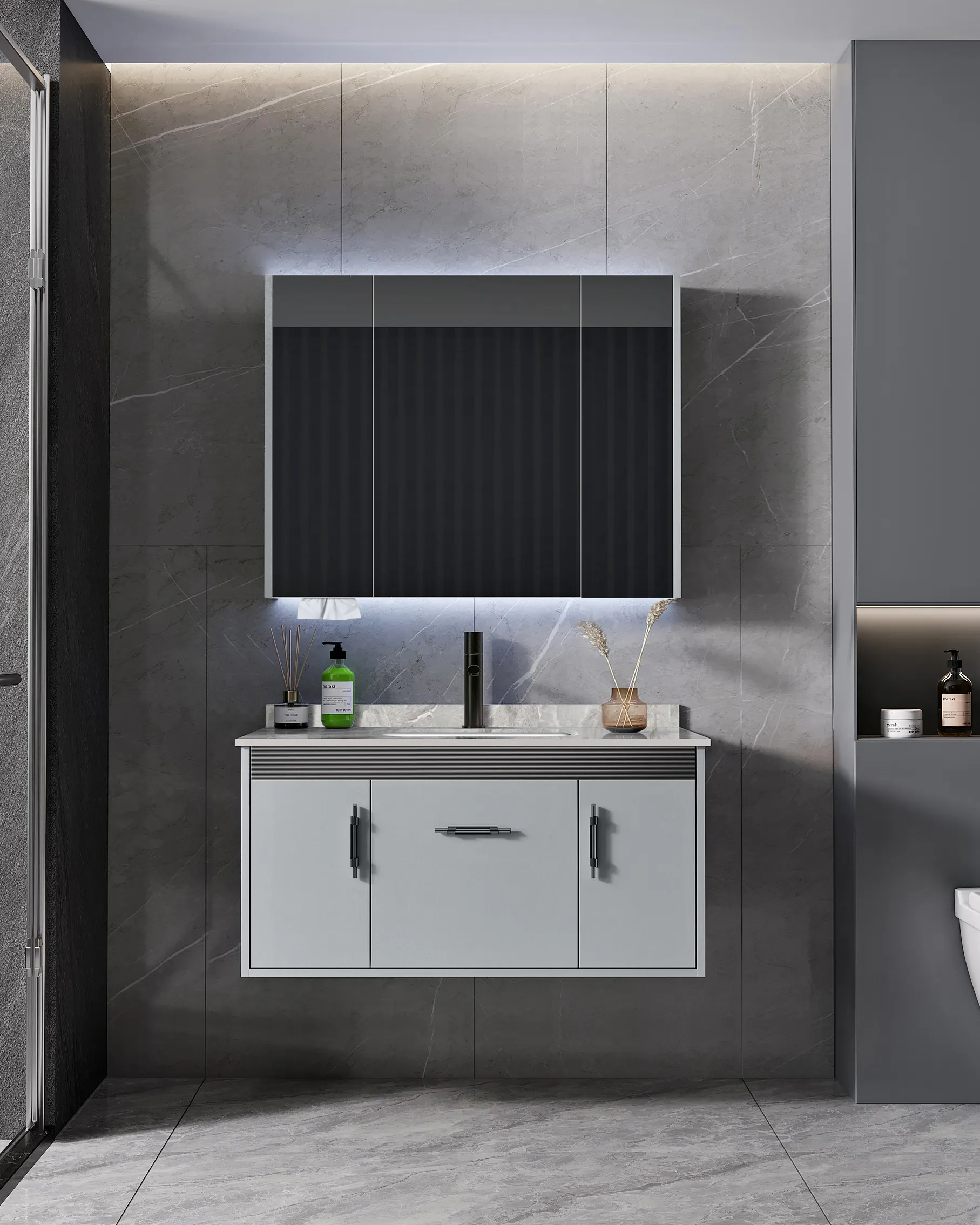 Hotel Modern Marble Slate White Sink Cabinets Vanity Bathroom Wall Hung Storage Cabinet Set With Lighted Smart Mirror