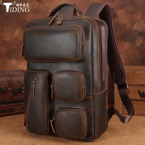 Tiding Genuine Leather <b>Backpack</b> Dark <b>Brown</b> 20-35L Large Capacity Men's Outdoor Travel <b>Backpack</b> - Product Image 1