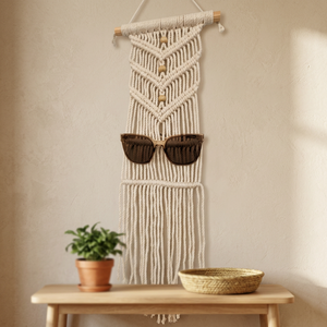 Macrame <b>Wall</b> <b>Hanging</b> With Wooden Beads White Cotton Rope Bohemian Decor Sunglasses Holder Handmade <b>Storage</b> Rack - Product Image 1