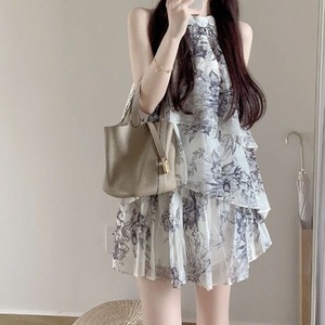 Robe d'été décontractée et élégante pour femme, en mousseline vintage, imprimé peinture à l'encre, col licou, sans manches, style jupe, tendance - Product Image 1