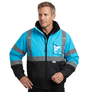 Men's High Visibility Reflective Work Jacket <b>Blue</b> Black Polyester Safety Wear For Construction And Industrial And Security - Product Image 1