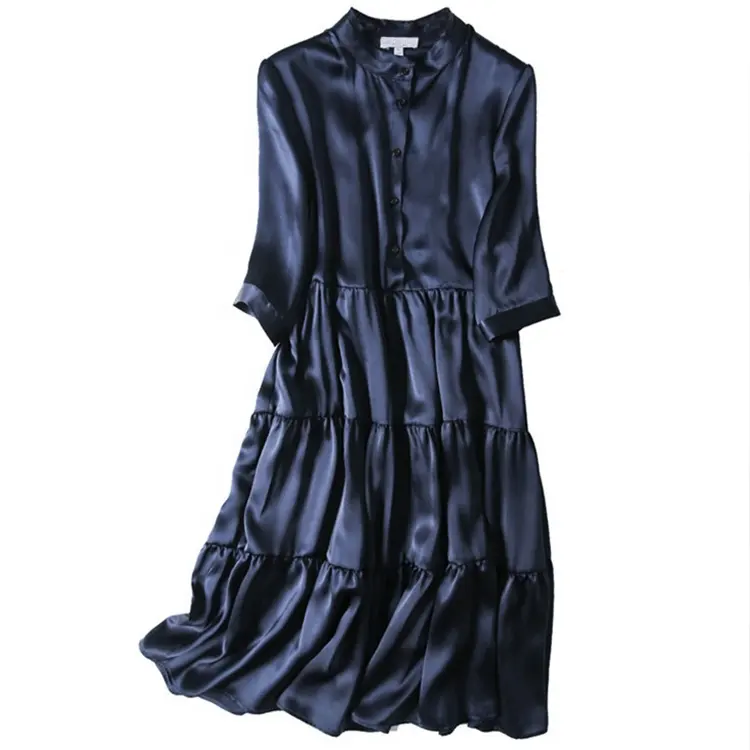 OEM Custom 100% Silk Premium Quality Long Sleeve Knee Button Up Women's Satin Silk Dress