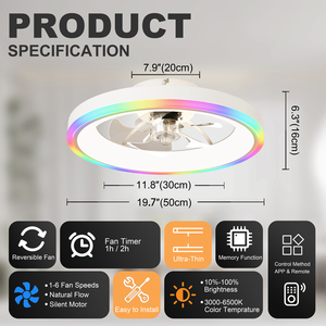 19.7" Modern RGB <b>Ceiling</b> Fan with <b>Lights</b>, Flush Mount Low Profile Fan with Dimmable 3000-6500K LED for Bedroom, White - Product Image 5