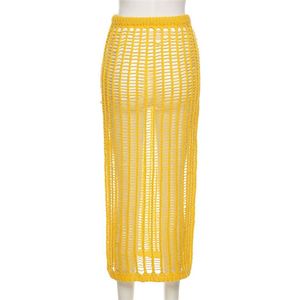 2025 nouveauté femmes élégant Sexy jaune taille <span class=keywords><strong>haute</strong></span> fendu creux Wrap longues jupes en tricot - Product Image 5