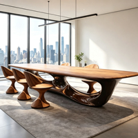 Ensemble table et chaises de salle à manger en bois de forme libre, style Wabi Sabi moderne, design unique, mobilier artistique pour appartement de luxe et salle d'exposition