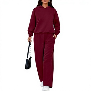 Conjunto de Sudadera con Capucha de Forro Polar de 2 Piezas para Mujer, Color Sólido, Corte Holgado, Informal, para Todas las Temporadas, Pantalones de Manga Larga - Product Image 1